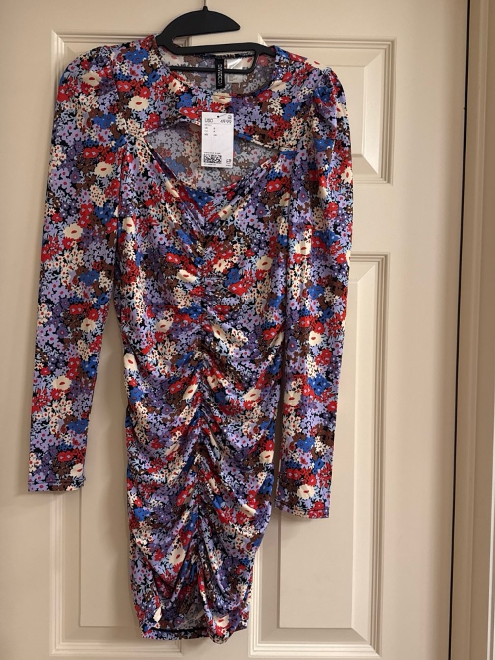 H&M Multicolor Floral Long-Sleeve Ruched Dress